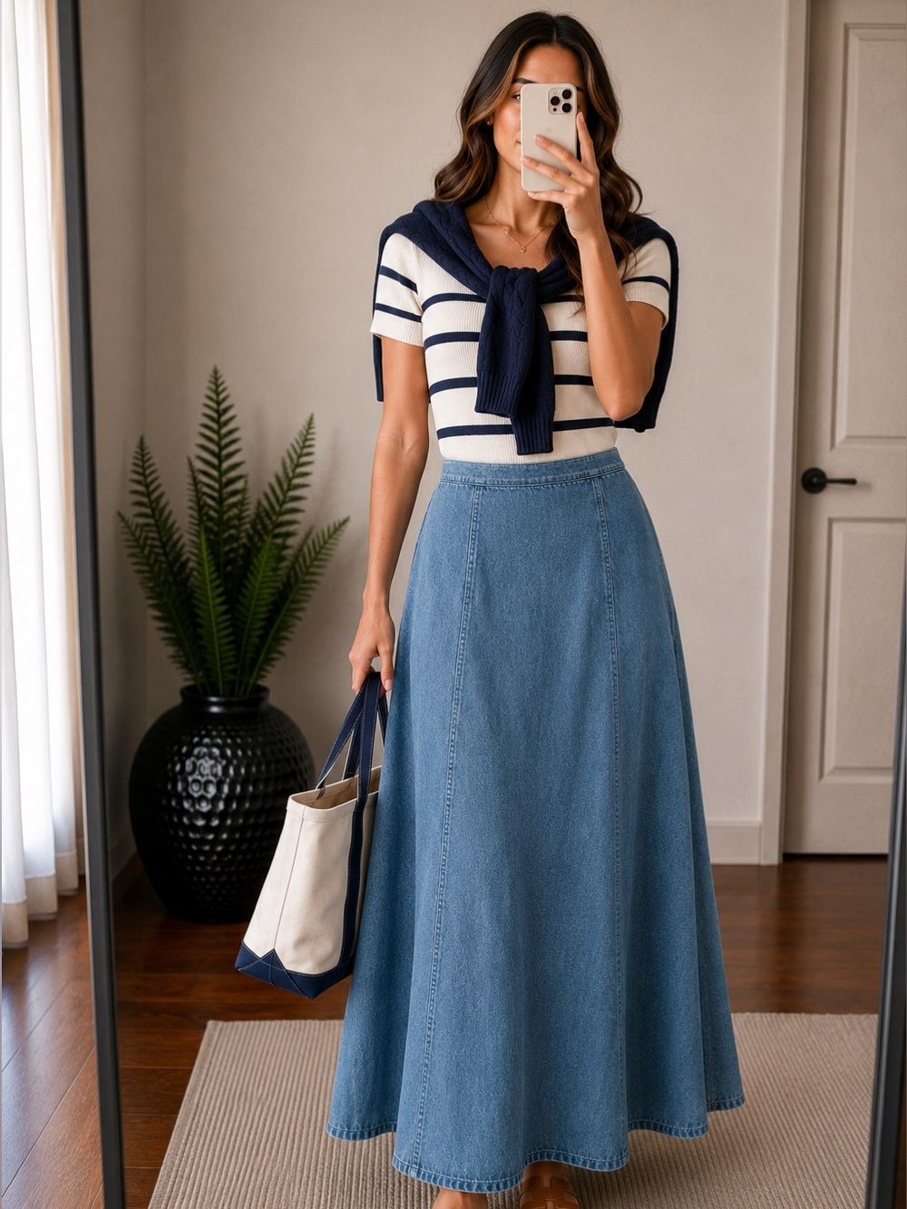 Vintage Coastal Grandma Denim Maxi Skirt A-Line | Elastic Preppy Cottage S 4/6 - Picture 11 of 11